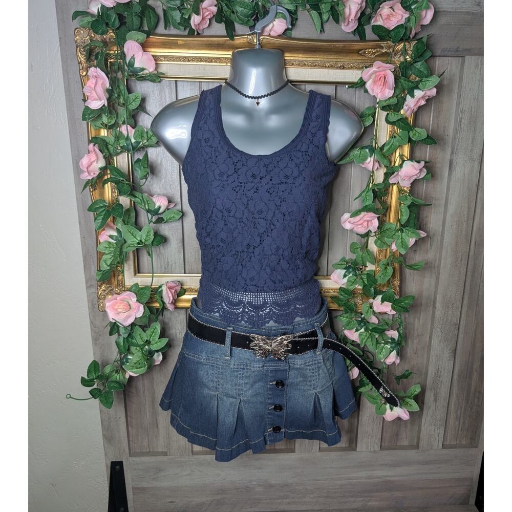 Mossimo Navy Lace Tank Top ✧ Y2K Coquette Fairy Grunge Crochet Trim Cami Size S